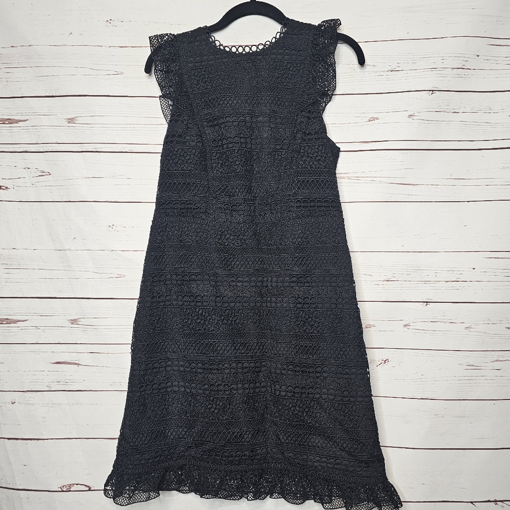 J. Crew Black Mixed Lace Ruffle Cap Sleeve Dress